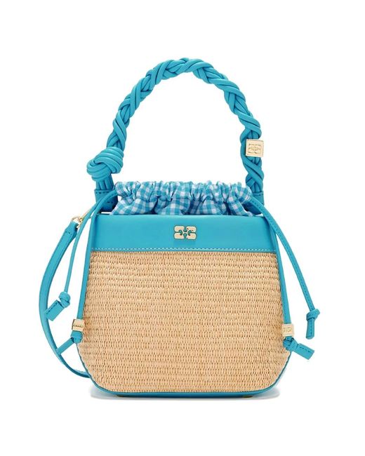 Ganni Blue Bou Raffia Bucket Bag