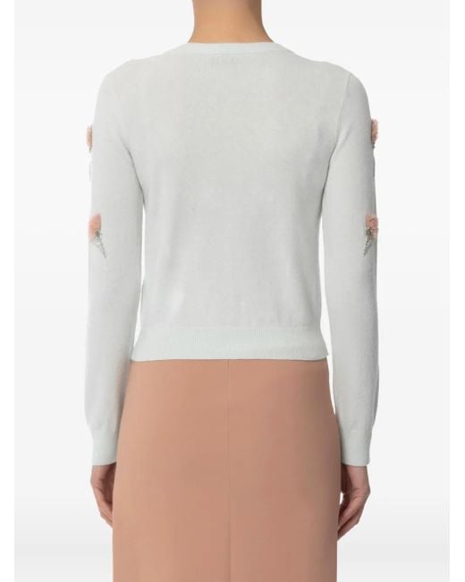 Elisabetta Franchi White Embroidered-Flower V-Neck Cardigan