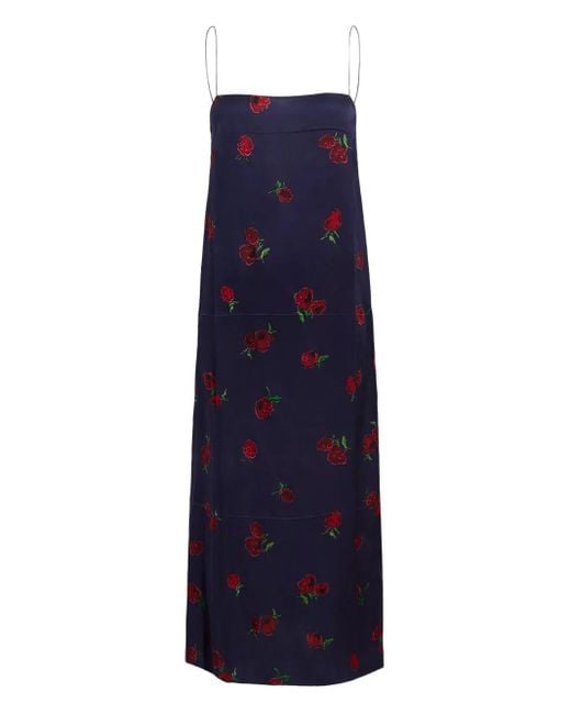 Khaite Blue Sicily Floral-Print Slip Midi Dress