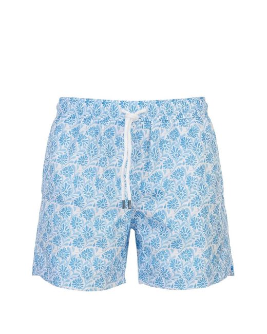 Fedeli Blue Floral-Print Swim Shorts for men
