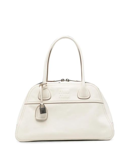 Miu Miu White Logo-Embossed Leather Shoulder Bag