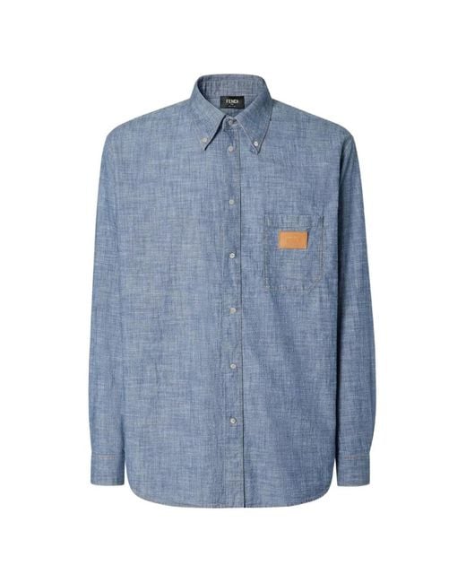 Fendi Blue Logo-Patch Button-Down Shirt for men