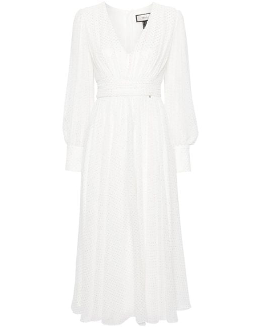Nissa White Polka-dot Flared Midi Dress