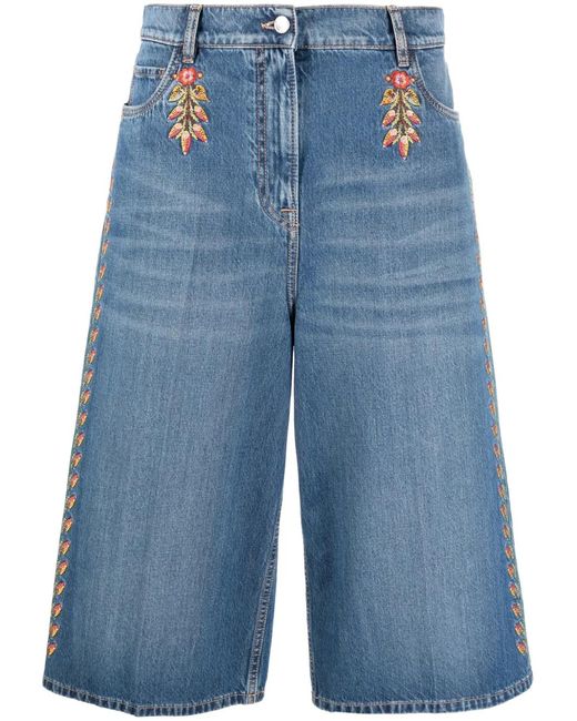 Etro Blue Floral-Embroidered Wide-Leg Denim Culottes