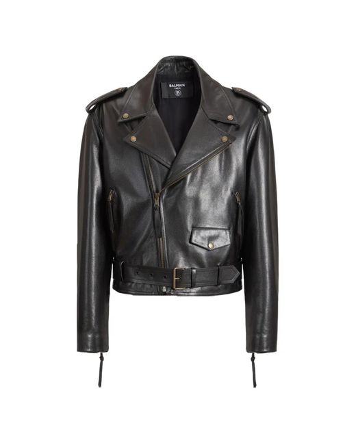 Balmain Black Textured Leather Biker Jacket for men