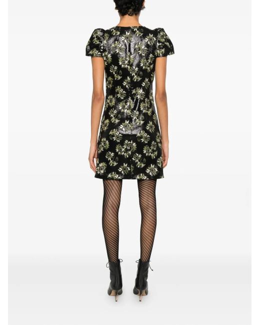 McQueen Black Floral Puff-Sleeve Dress