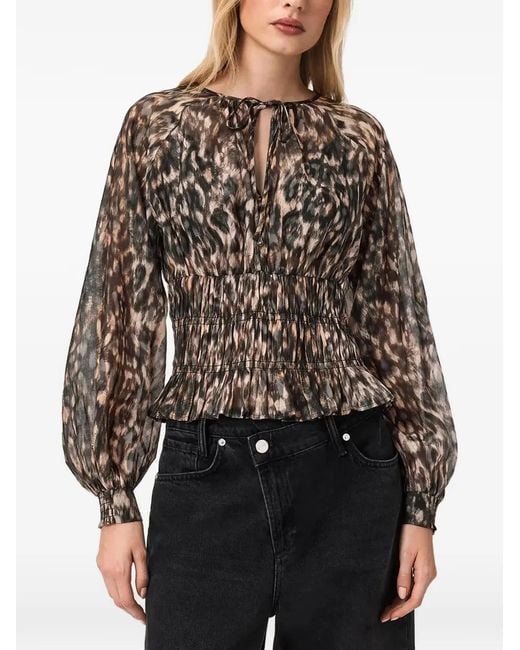 AllSaints Black Cern Leopard-Print Shirred Blouse