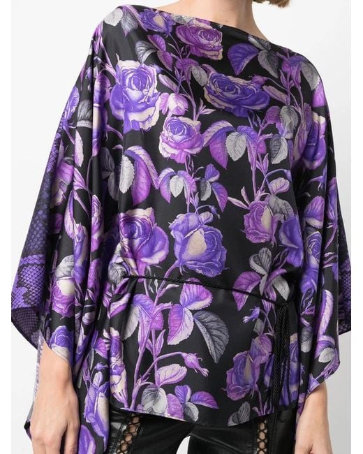 Roberto Cavalli Purple Rose-Print Silk Blouse