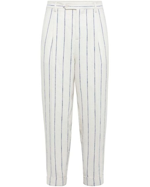 Brunello Cucinelli White Striped Turn-up Hem Tapered Trousers for men