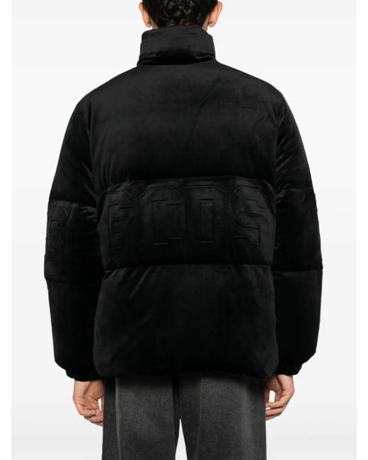 Gcds Black Logo-Embossed Velvet Padded Jacket for men