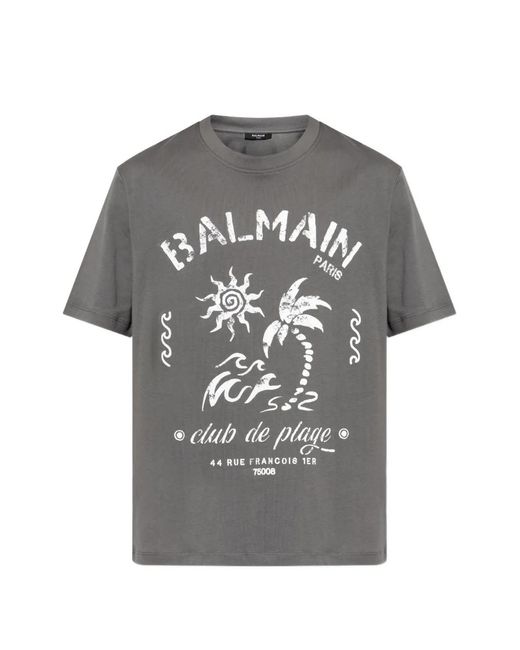 Balmain Gray Graphic-Print Logo-Detail T-Shirt for men