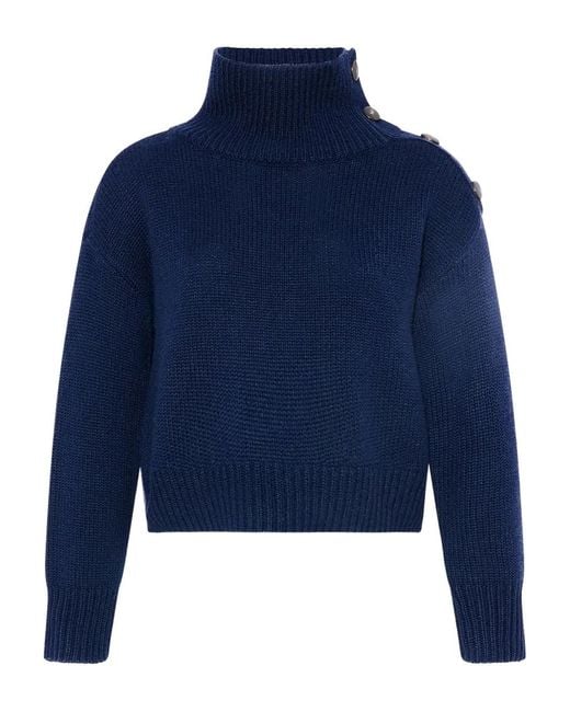 Yves Salomon Blue Button High-Neck Sweater