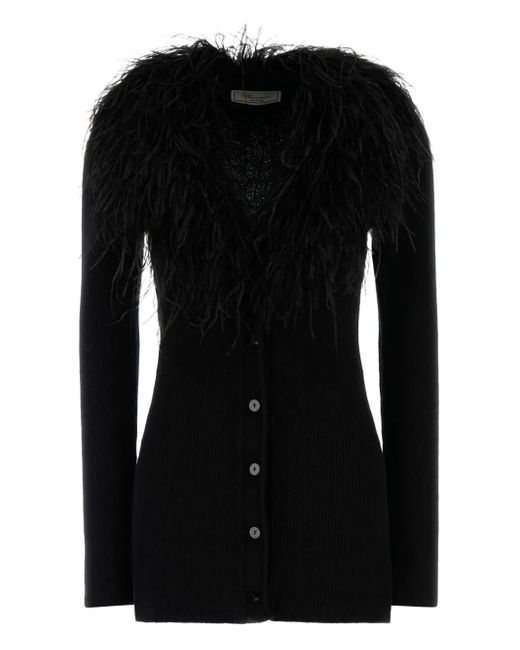 Blumarine Black Feather-Trim Wool Cardigan