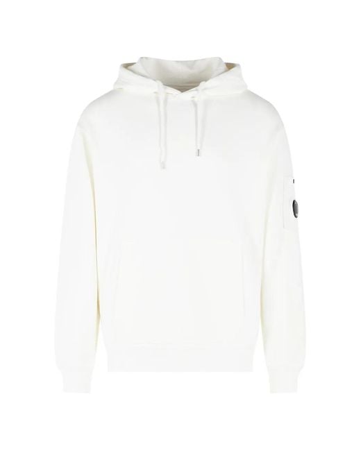 C P Company White Drawstring Lens Patch Hoodie for men