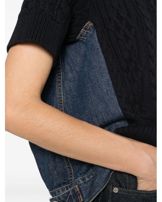 Sacai Black Cable-Knit Denim-Panel Sweater