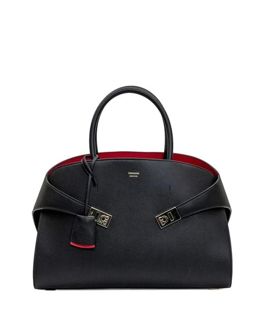 Ferragamo Black Small Hug Logo-Stamp Leather Tote Bag