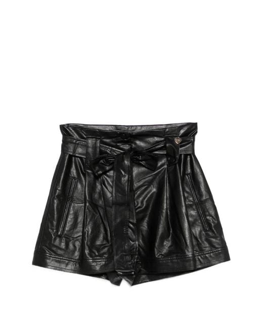 Twinset Black Faux-Leather Belted Pleated Shorts