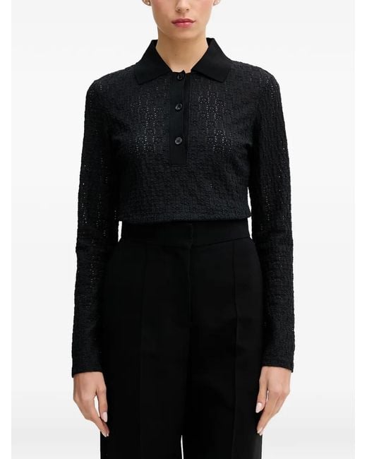 Sisley Black Crochet-Knit Long-Sleeve Polo Shirt