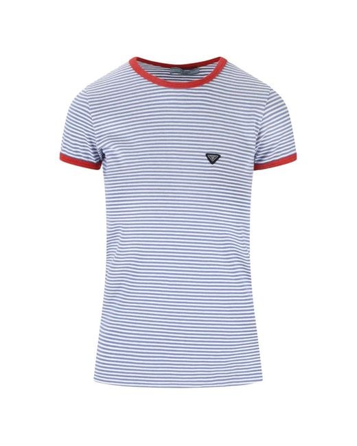 Prada Blue Contrast-Trim Striped Cotton T-Shirt