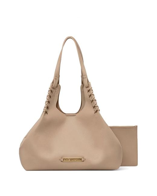 Love Moschino Natural Logo-Plaque Shopper Tote Bag