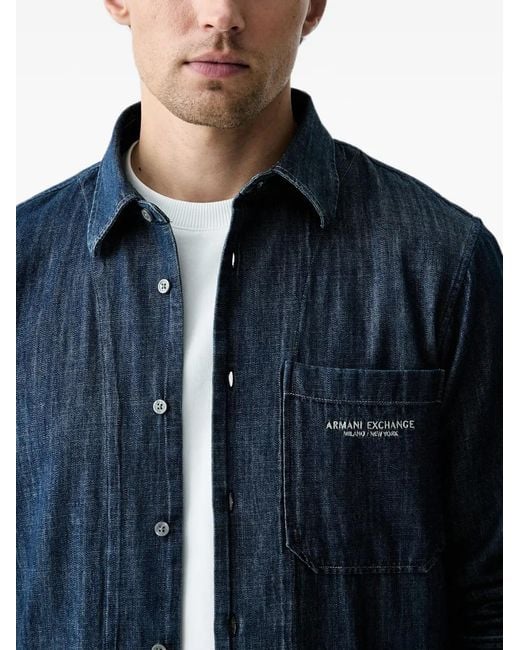 ARMANI EXCHANGE Blue Logo-Embroidered Chest-Pocket Shirt for men