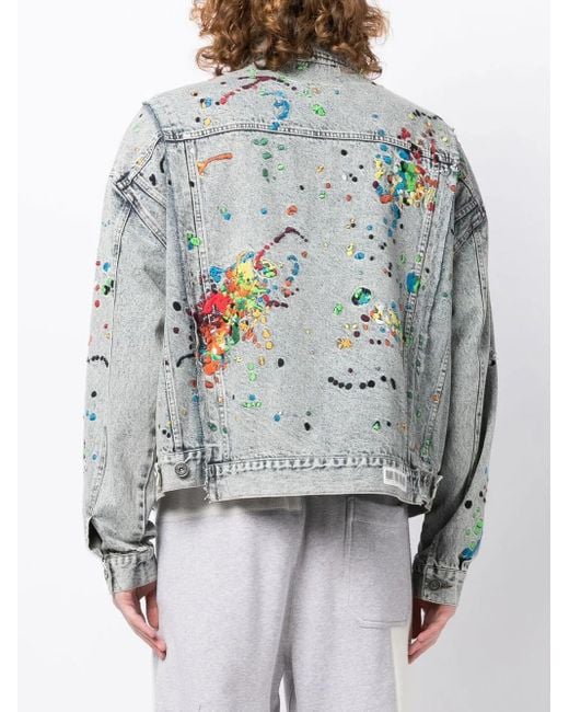 Mostly Heard Rarely Seen Gray Paint-Embroidered Denim Jacket for men