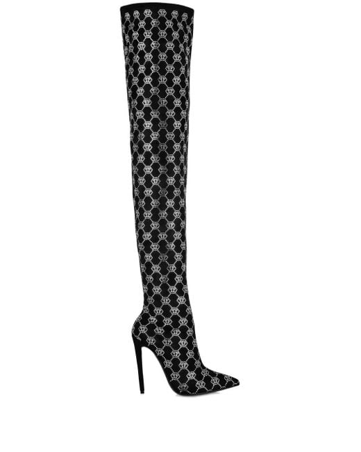 Philipp Plein Black Logo-Rhinestone Boots