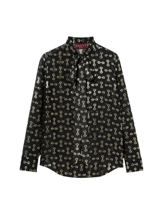Gucci Black Horsebit Bow-Neck Blouse