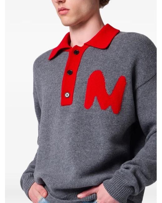 MSGM Gray Logo-Patch Button-Up Polo Shirt for men