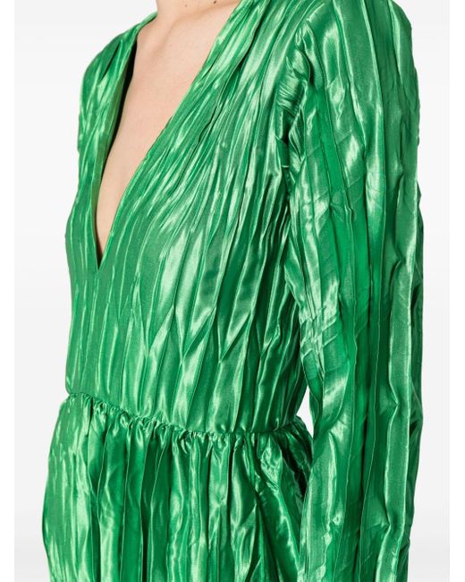 L'idée Green Long-sleeve Plissé Maxi Dress