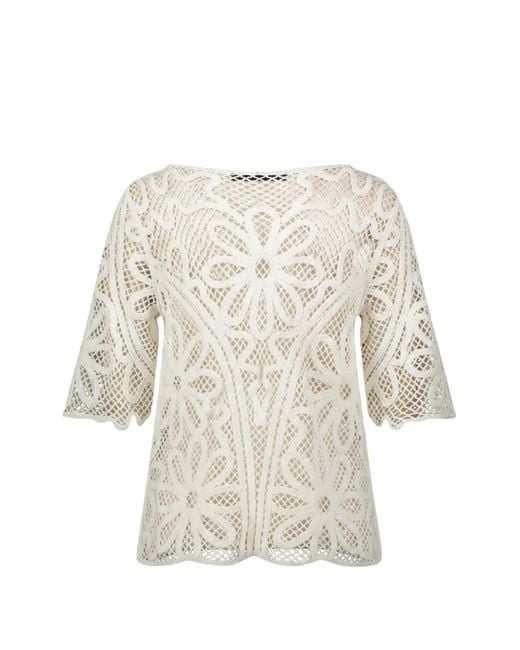 Betty Barclay White Floral-Crochet Scalloped-Hem Top