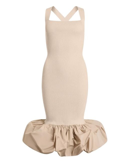 Patou Natural Ruffled Knitted Midi Fitted Dress