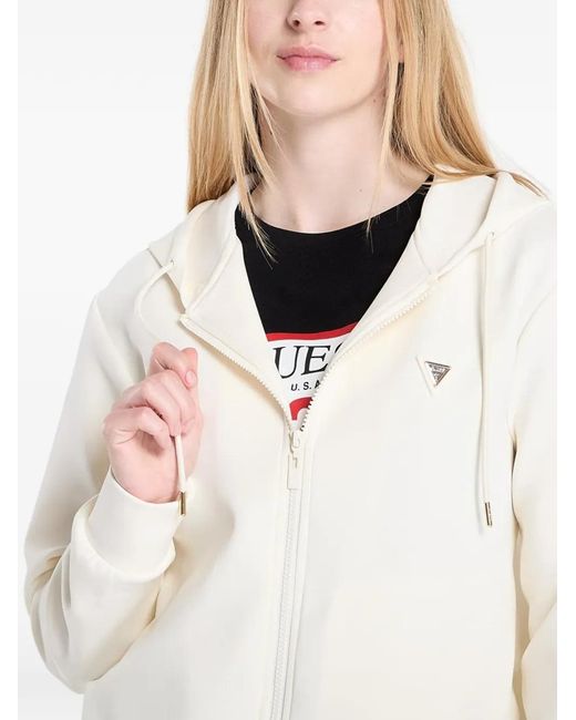Guess White Hoodie Zippé À Plaque Logo