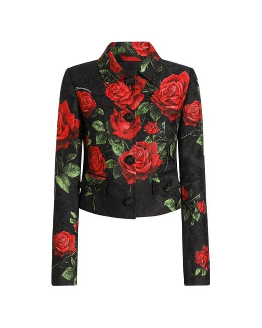 Dolce & Gabbana Red Rose-Print Brocade Jacket With Jewel Buttons
