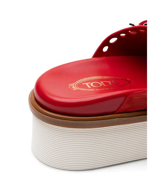 Tod's Red Perforated Buckle Platform Sandals