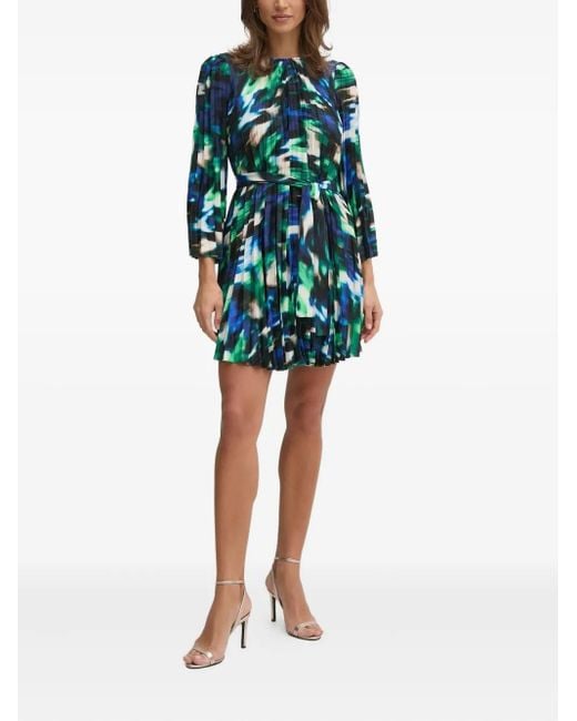 DKNY Blue Pleated Abstract-Print Mini Dress