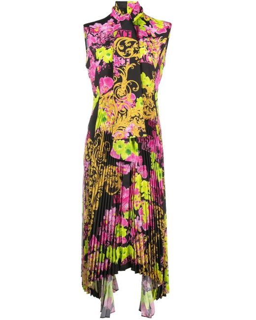 Versace White Logo Orchid-Print Midi Dress