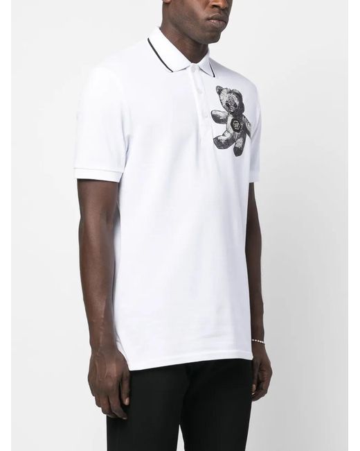 Philipp Plein White Paisley Teddy Bear Polo Shirt for men