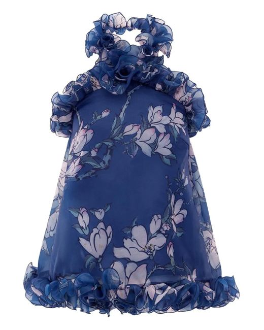LEO LIN Blue Michelle Ruffled Halter-Neck Maxi Dress