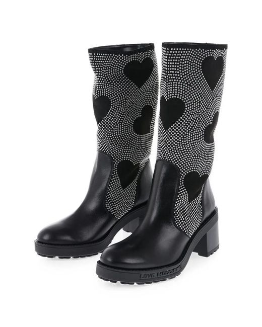 Moschino Black Studded Heart-Pattern Boots