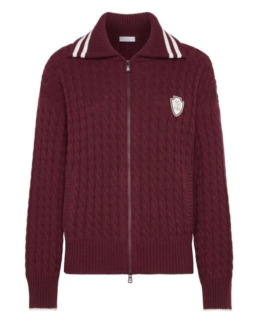 Brunello Cucinelli Red Cable-Knit Zip-Front Cardigan