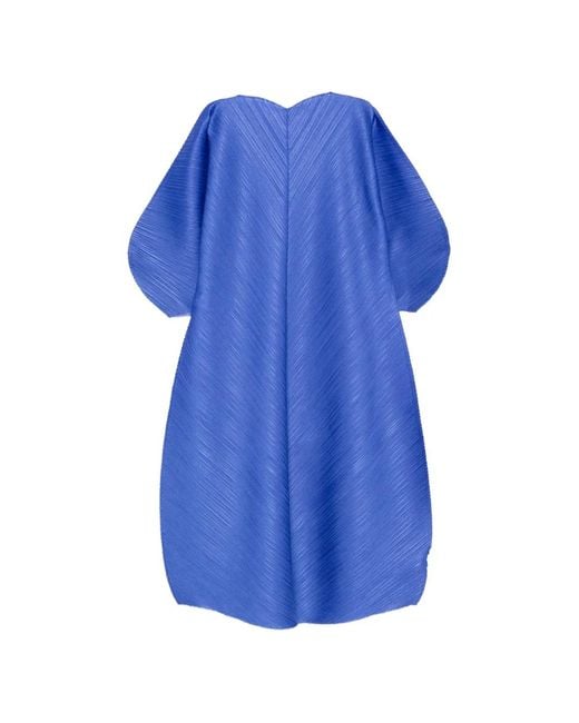 Pleats Please Issey Miyake Blue Pleated Balloon-Sleeve Dress