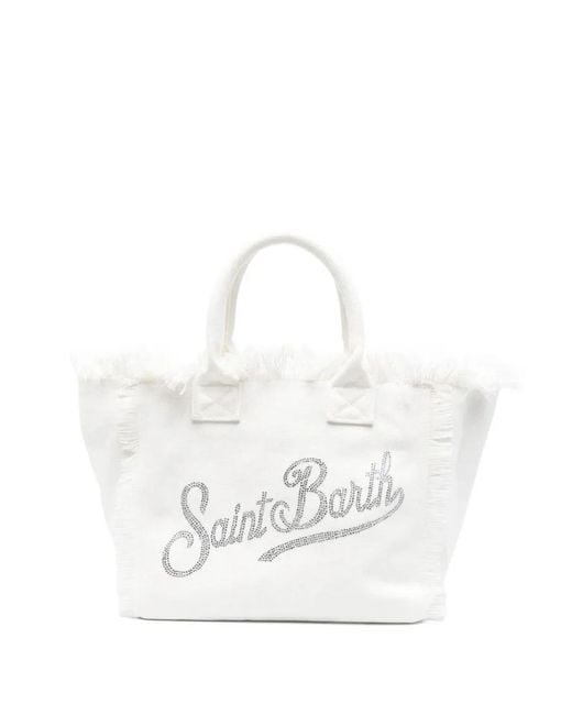 Mc2 Saint Barth White Strass-Embellished Frayed Tote Bag