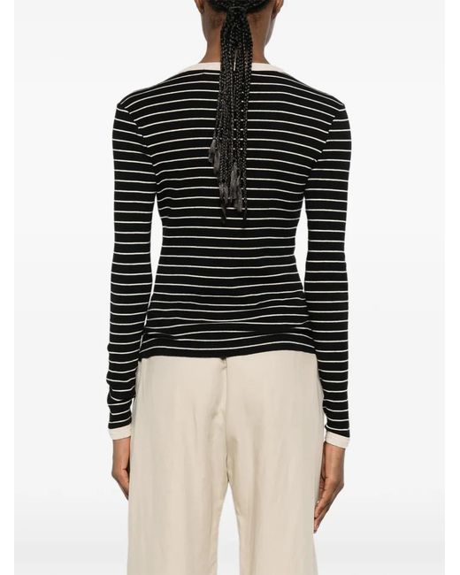 Enza Costa Black Striped Long-Sleeved Cotton T-Shirt