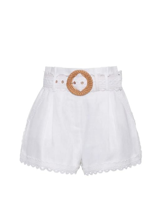 Cara Cara White Pierce Lace-Trim Belted Shorts