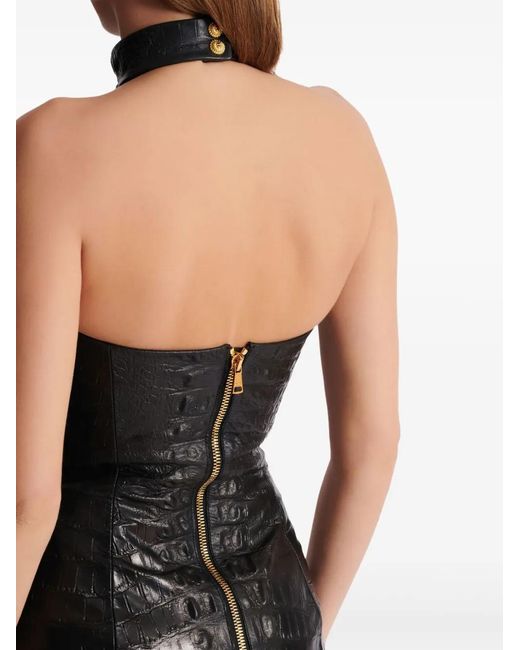 Balmain Black Crocodile-Embossed Halterneck Mini Dress
