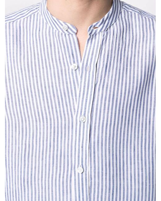 Barba Napoli Blue Band-Collar Striped Linen Shirt for men