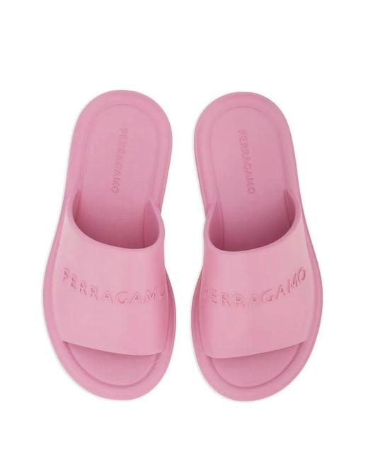 Ferragamo Pink Logo-Debossed Open-Toe Slides