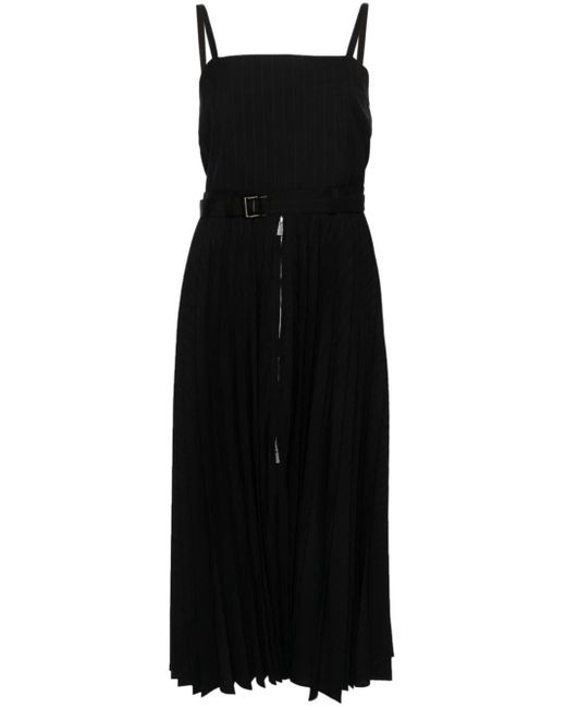 Sacai Black Pinstriped Pleated Maxi Dress