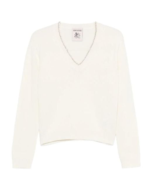 Semicouture ビジュートリム Vネックセーター White